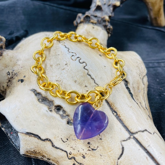 Vintage Monet Chain Link Bracelet with Large Amethyst Heart Charm